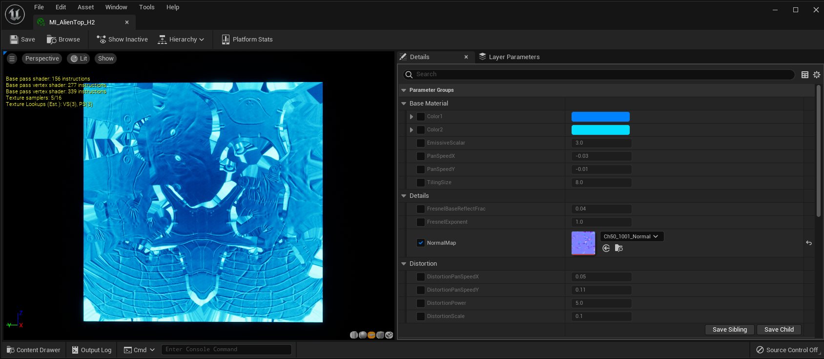 Screenshot of the material instance editor for the hologram's material.