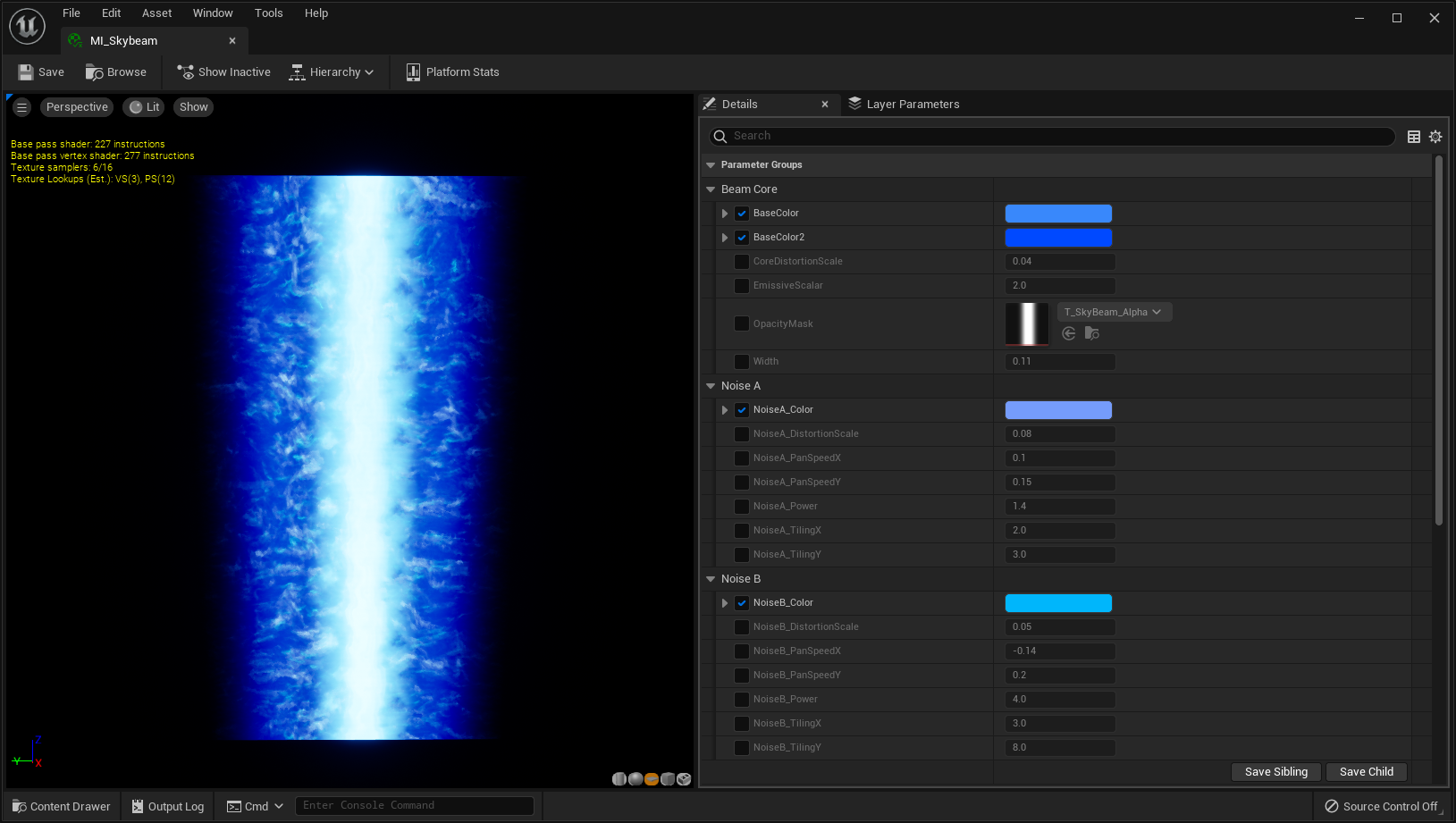 Screenshot of the material instance editor for the beam's material.