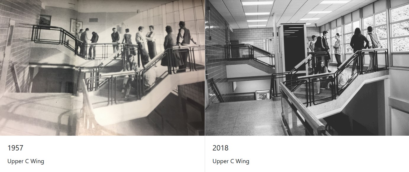 On the left, a photo of students standing on a staircase from the year 1957. On the right, the photo re-created in the year 2018.